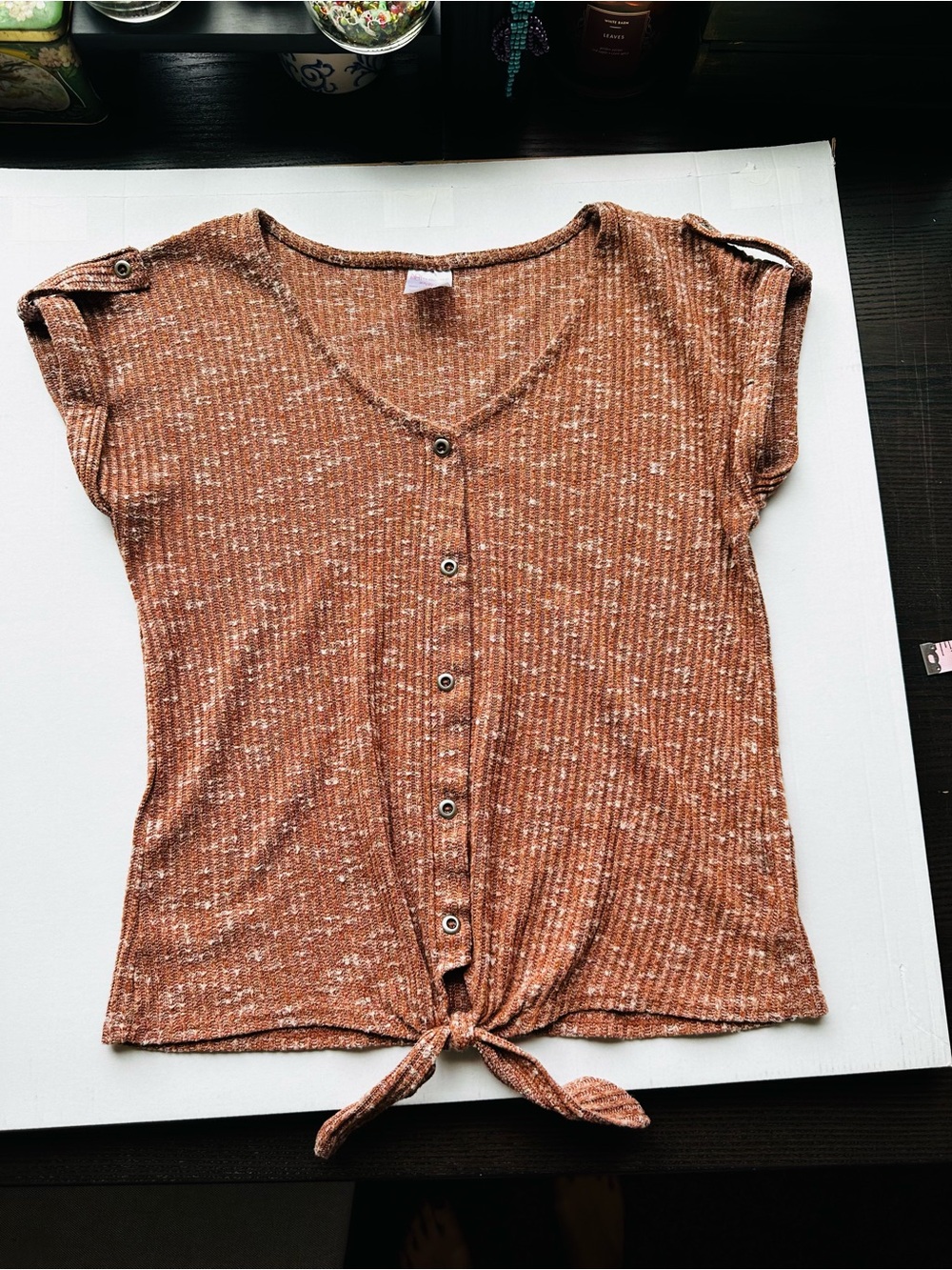 Brown Orange Button Front Tie Hem Blouse Y2K Boho Fall Size XS